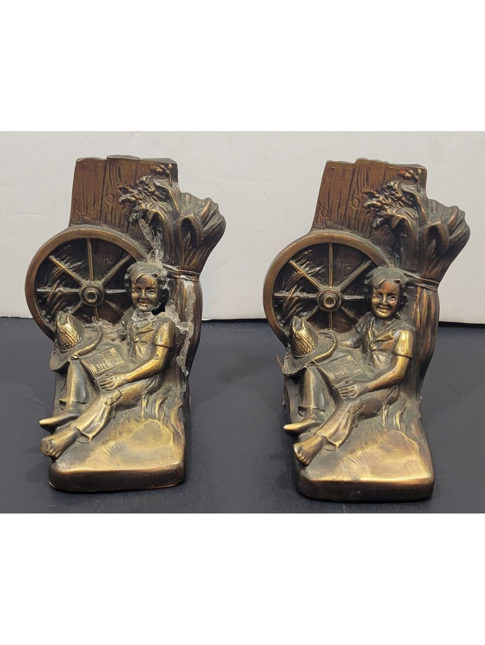 Vintage Heavy Brass Bookends PMC 87 Huckleberry Finn Tom Sawyer USA *Read